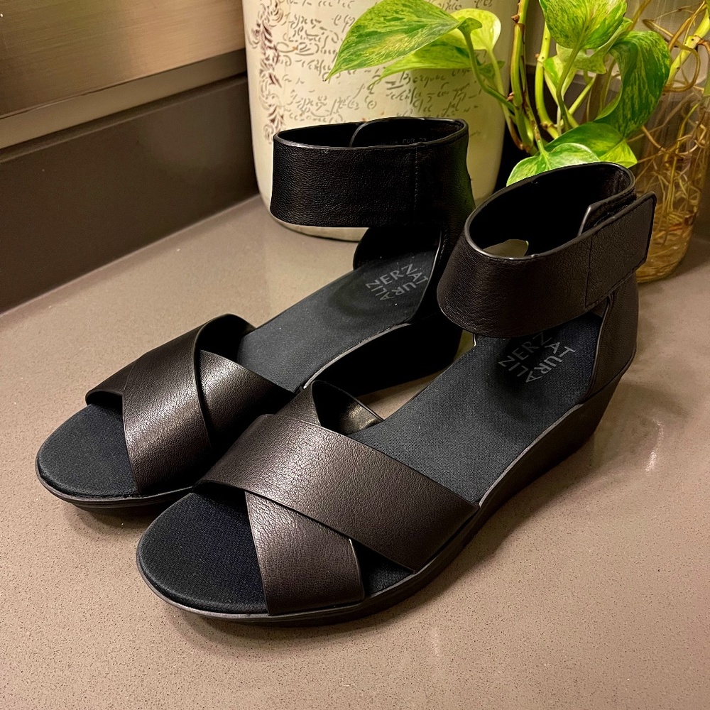 Black Leather Ankle Strap Wedge Sandals